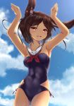  1girl animal_ears armpits arms_up azur_lane bare_shoulders breasts brown_eyes brown_hair bunny_pose clouds covered_navel dark_skin detached_collar i-26_(azur_lane) inora rabbit_ears sailor_collar school_swimsuit short_hair sky smile solo strapless strapless_swimsuit swimsuit 