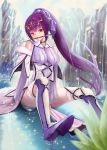  1girl fate/grand_order fate_(series) high_heels highres in_water long_hair looking_at_viewer mouth_hold nekobell ponytail purple_hair red_eyes scathach_skadi_(fate/grand_order) sitting thighs wand 