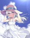  1girl alternate_costume anchor_symbol armpits arms_up bangs bare_arms bare_shoulders blue_eyes blue_sky blurry blurry_background blush closed_mouth clouds cloudy_sky collarbone commentary_request day depth_of_field dress eyebrows_visible_through_hair floating_hair hair_between_eyes hands_on_headwear hat hibiki_(kantai_collection) highres kantai_collection long_hair looking_at_viewer noeru_(gt17854) outdoors silver_hair sky sleeveless sleeveless_dress smile solo straw_hat sundress very_long_hair white_dress 