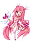  1girl boots breasts chibi cleavage cleavage_cutout elbow_gloves full_body gloves heart_cutout holding holding_staff large_breasts leotard long_hair looking_at_viewer magical_girl nagai_wataru one_eye_closed open_mouth original pink_eyes pink_hair shiny shiny_clothes smile solo staff thigh-highs thigh_boots v 