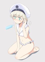  1girl alternate_costume anchor bikini bikini_skirt blue_eyes blush clothes_writing collarbone eyebrows_visible_through_hair food full_body grey_background hat kantai_collection kugui_kiyunemu microskirt midriff navel pleated_skirt popsicle sailor_bikini sailor_collar sailor_hat seiza sexually_suggestive short_hair silver_hair sitting skirt solo swimsuit uniform wariza white_bikini white_hat z1_leberecht_maass_(kantai_collection) 