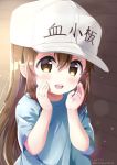  1girl :d bangs blue_shirt blush brown_eyes brown_hair character_name clothes_writing commentary_request dated eyebrows_visible_through_hair fingernails flat_cap grey_hat hair_between_eyes hands_up hat hataraku_saibou highres long_hair looking_at_viewer neki_(wakiko) open_mouth platelet_(hataraku_saibou) round_teeth shirt short_sleeves smile solo teeth twitter_username upper_teeth very_long_hair 