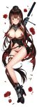  1girl :d absurdres ahoge asymmetrical_gloves asymmetrical_legwear bangs bare_shoulders between_breasts bipod black_bra black_panties blunt_bangs blush bra breasts brown_eyes brown_hair bullet cape cape_removed corset dakimakura damaged dsr-50_(girls_frontline) dsr-50_(weapon) elbow_gloves flower full_body garrison_cap girls_frontline gloves grey_shirt grey_skirt groin gun hair_ornament hat high_heels highres large_breasts long_hair looking_at_viewer lying miniskirt narae navel necktie necktie_between_breasts on_back open_mouth panties pouch red_eyes red_flower red_rose rifle rose scope shirt sidelocks single_elbow_glove skindentation skirt smile sniper_rifle solo stomach suppressor thigh-highs thighs torn_clothes torn_thighhighs underwear very_long_hair weapon white_background 