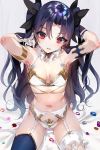  1girl absurdres adapted_costume armlet armpits arms_up black_hair bow bra breasts detached_collar fate/grand_order fate_(series) from_above garter_belt gloves hair_bow head_tilt highres hoyashi_rebirth ishtar_(fate/grand_order) leg_garter long_hair looking_at_viewer navel navy_blue_legwear panties parted_lips red_eyes single_thighhigh small_breasts solo thigh-highs tohsaka_rin two_side_up underwear white_bra white_gloves white_panties 