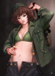  1girl akiyama_yukari arm_up bag bikini_top breasts brown_eyes brown_hair commentary_request ebi_(eeotoko) eyelashes facing_viewer flask girls_und_panzer green_bikini_top hand_on_hip hat highres jacket lips military_hat military_jacket navel open_clothes open_jacket short_hair small_breasts solo stomach suspenders swimsuit swimsuit_under_clothes unbuttoned 