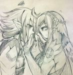  1boy 1girl aqua_(fire_emblem_if) finger_to_mouth fire_emblem fire_emblem_if graphite_(medium) headdress long_hair male_my_unit_(fire_emblem_if) my_unit_(fire_emblem_if) pointy_ears shiratsu_(white-seaside) smile traditional_media 