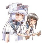  2girls black_hair blue_sailor_collar bottle closed_eyes cola commentary_request eyebrows_visible_through_hair fubuki_(kantai_collection) hair_ribbon headgear kantai_collection karasu_(naoshow357) long_hair low_ponytail multiple_girls mundane_utility murakumo_(kantai_collection) orange_eyes ponytail ribbon sailor_collar school_uniform serafuku shark_print short_eyebrows short_ponytail sidelocks silver_hair simple_background soda_bottle sweat towel tress_ribbon undershirt upper_body white_background white_towel 