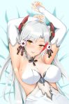  1girl alternate_costume antenna_hair armpits arms_up azur_lane bangs bed_sheet blush breasts bridal_gauntlets brown_eyes commentary dress eyebrows_visible_through_hair gloves hair_between_eyes hair_ornament headgear highres large_breasts long_hair looking_at_viewer lying mole mole_on_breast multicolored_hair on_back open_mouth parted_lips prinz_eugen_(azur_lane) redhead sapphire_(stone) see-through shira_hon silver_hair smile solo streaked_hair two_side_up very_long_hair wedding_dress white_dress white_gloves 