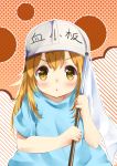  1girl :o bangs blue_shirt blush brown_eyes chahei character_name commentary_request diagonal-striped_background diagonal_stripes eyebrows_visible_through_hair flag flat_cap grey_hat hair_between_eyes hands_up hat hataraku_saibou highres holding holding_flag light_brown_hair looking_at_viewer parted_lips platelet_(hataraku_saibou) polka_dot polka_dot_background shirt short_sleeves solo striped striped_background v-shaped_eyebrows white_flag 