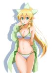  1girl absurdres arm_behind_back bikini blonde_hair braid breasts cleavage clothes_down collarbone cowboy_shot eyebrows_visible_through_hair floating_hair freekenji422 green_eyes hair_between_eyes hair_ornament high_ponytail highres leafa long_hair medium_breasts open_mouth pointy_ears shadow side-tie_bikini sideboob simple_background solo standing swimsuit sword_art_online twin_braids very_long_hair white_background white_bikini 