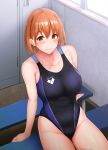 1girl absurdres arena_(company) bench black_swimsuit brand_name_imitation breasts brown_hair competition_swimsuit cowboy_shot highleg highleg_swimsuit highres large_breasts locker locker_room looking_at_viewer one-piece_swimsuit orange_eyes original satosi short_hair sitting solo swimsuit window 