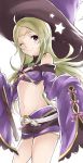  1girl ahoge aiueo1234853 bare_shoulders belt bow brooch buttons circlet closed_mouth fire_emblem fire_emblem:_kakusei fire_emblem_heroes green_hair halloween_costume hat heart highres jewelry long_hair long_sleeves mamkute midriff navel nowi_(fire_emblem) one_eye_closed pink_bow pointy_ears short_shorts shorts simple_background sleeves_past_fingers sleeves_past_wrists smile solo standing star violet_eyes white_background white_belt wide_sleeves witch_hat 