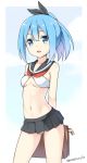  1girl :d bag bag_charm bangs bare_arms bare_shoulders bikini black_ribbon black_sailor_collar black_skirt blue_eyes blue_hair blue_sky blush breasts charm_(object) chinese_commentary clouds commentary_request day eyebrows_visible_through_hair hair_between_eyes hair_ribbon hatsunatsu head_tilt holding holding_bag looking_at_viewer medium_breasts miniskirt navel open_mouth original pleated_skirt ribbon sailor_bikini sailor_collar school_briefcase skirt sky smile solo swimsuit twitter_username white_bikini 