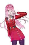  1girl absurdres bangs black_pants blunt_bangs darling_in_the_franxx floating_hair green_eyes hairband highres holding_lollipop horns jijinjiji leaning_to_the_side long_hair looking_at_viewer orange_neckwear pants pink_hair simple_background solo standing tongue tongue_out uniform very_long_hair white_background white_hairband zero_two_(darling_in_the_franxx) 