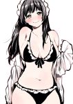  1girl bangs bare_shoulders bikini black_bikini black_hair blush breasts closed_mouth frilled_bikini frills front-tie_bikini front-tie_top large_breasts long_hair looking_at_viewer maid_headdress navel original outline pink_outline simple_background smile solo swimsuit uekan white_background yellow_eyes 