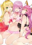 3girls ;d absurdres animal_ears black_bra black_panties blonde_hair bra breasts bright_pupils choker cleavage eyebrows_visible_through_hair fate/grand_order fate_(series) fox_ears fox_tail green_eyes hair_intakes hair_ornament hair_over_one_eye hair_over_shoulder hairclip hand_on_another&#039;s_chest highres kou_mashiro large_breasts leaning_forward lingerie long_hair looking_at_viewer mash_kyrielight multiple_girls navel negligee nero_claudius_(fate)_(all) one_eye_closed one_side_up open_mouth panties pink_bra pink_hair pink_panties ribbon_choker see-through short_hair simple_background sitting smile tail tamamo_(fate)_(all) underwear underwear_only violet_eyes white_background white_pupils yellow_eyes yokozuwari 