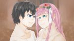  1boy 1girl bangs bare_shoulders black_hair blue_eyes breasts collarbone commentary couple darling_in_the_franxx face-to-face facing_another flower forehead-to-forehead green_eyes hair_flower hair_ornament hetero highres hiro_(darling_in_the_franxx) horns long_hair looking_at_another malyoo medium_breasts nightgown oni_horns pajamas pink_hair red_horns short_hair sleeveless white_pajamas zero_two_(darling_in_the_franxx) 