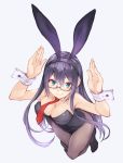  1girl alternate_breast_size alternate_costume animal_ears arms_up black_hair black_leotard blue_eyes breasts bunny_pose bunnysuit cleavage detached_collar from_above fumikiri glasses grey_legwear kantai_collection large_breasts leotard long_hair looking_at_viewer necktie ooyodo_(kantai_collection) pantyhose rabbit_ears red_neckwear simple_background smile solo strapless strapless_leotard w_arms white_background wrist_cuffs 