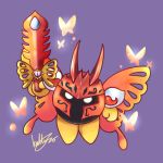  1boy bug butterfly butterfly_wings commentary_request holding holding_sword holding_weapon horns insect katty1996215 kirby:_star_allies kirby_(series) morpho_knight shoulder_pads signature simple_background solo spoilers sword weapon white_eyes wings 