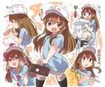  &gt;:d 1boy 1girl baseball_cap blush breath brown_eyes brown_hair carrying closed_eyes commentary_request finger_sucking first_aid_kit hair_over_one_eye hat hataraku_saibou highres long_hair looking_at_viewer multiple_views piggy platelet_(hataraku_saibou) shorts shoulder_carry suzuki_toto translation_request u-1146 white_blood_cell white_hair white_skin 