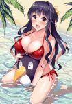  1girl bare_legs beach bikini black_hair blush breasts cleavage collarbone commentary_request doll fang hair_ribbon kantai_collection kusano_(torisukerabasu) large_breasts long_hair multicolored_hair naganami_(kantai_collection) o-ring o-ring_bikini o-ring_top open_mouth palm_leaf partially_submerged pink_hair red_bikini ribbon sitting smile solo swimsuit two-tone_hair wariza water wavy_hair 