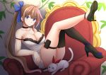  1girl animal armchair asymmetrical_legwear bangs barefoot black_footwear black_legwear blue_bow blue_eyes blush bow breasts brown_hair chair cleavage closed_mouth collarbone commentary dress english_commentary eyebrows_visible_through_hair fal_(girls_frontline) girls_frontline hair_between_eyes hair_bow head_tilt high_heels highres kazenokaze large_breasts long_hair looking_at_viewer shoes side_ponytail sidelocks single_thighhigh sitting sleeveless sleeveless_dress smile solo strap_slip thigh-highs thigh_strap very_long_hair white_dress 
