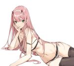  1girl :p aiko_(kanl) bangs bare_shoulders black_legwear bra breasts chin_rest cleavage darling_in_the_franxx green_eyes hairband horns lace lace-trimmed_panties long_hair looking_at_viewer medium_breasts navel panties pink_hair sidelocks simple_background solo strap_slip thigh-highs tongue tongue_out underwear underwear_only white_background white_bra white_panties zero_two_(darling_in_the_franxx) 