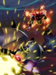  2boys bat_wings battle bayonetknight bug butterfly butterfly_wings commentary_request dark fighting flower galaxia_(sword) hidden_eyes horns insect kirby:_star_allies kirby_(series) mask meta_knight morpho_knight multiple_boys sparks spoilers sword weapon white_eyes wings 