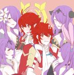  !? 6+girls ahoge animal_ears blush breasts brown_eyes camilla_(fire_emblem_if) cleavage closed_eyes fake_animal_ears fire_emblem fire_emblem_heroes fire_emblem_if flower hair_flower hair_ornament hair_over_one_eye highres hinoka_(fire_emblem_if) large_breasts long_hair multiple_girls multiple_persona open_mouth pink_background purple_hair rabbit_ears redhead scarf short_hair shoulder_armor simple_background surrounded tamukich10_0 tiara violet_eyes white_scarf 