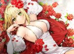  1girl adapted_costume ahoge armpits bangs blonde_hair braid breasts commentary_request crown_braid detached_sleeves dress fate/extra fate/extra_ccc fate_(series) flower gambe green_eyes large_breasts looking_at_viewer lying nero_claudius_(bride)_(fate) nero_claudius_(fate)_(all) on_back puffy_sleeves red_flower red_rose red_shawl rose shawl smile solo sparkle white_dress 