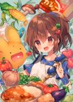  1girl :d ana_(rznuscrf) apron arle_nadja bangs blue_shirt blush brown_hair carbuncle_(puyopuyo) carrot carrot_hair_ornament collarbone commentary_request corn eggplant eyebrows_visible_through_hair fingernails food food_themed_hair_ornament hair_between_eyes hair_ornament hand_up head_tilt madou_monogatari mushroom onion open_mouth puyopuyo red_eyes shirt short_sleeves smile star tomato tomato_hair_ornament white_apron 