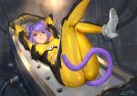  1girl animal_ears ariverkao arms_behind_head arms_up blue_eyes bodysuit breasts cat_ears cat_tail closed_mouth dated high_heels large_breasts looking_at_viewer lying on_back original purple_hair short_hair signature solo tail yellow_bodysuit 