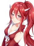  1girl alternate_hairstyle aone_hiiro blush breasts cleavage closed_mouth fire_emblem fire_emblem:_kakusei hair_ornament long_hair ponytail red_eyes redhead simple_background solo cordelia_(fire_emblem) white_background winged_hair_ornament 