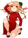  1girl alternate_costume arm_up artist_name bare_legs black_footwear blonde_hair bow breasts china_dress chinese_clothes crystal dress eyebrows_visible_through_hair fang flandre_scarlet full_body gotoh510 green_hat hair_between_eyes hat hat_bow highres long_sleeves looking_at_viewer medium_breasts mini_hat mob_cap nail_polish one_knee one_side_up orange_bow orange_nails parted_lips pointy_ears red_eyes shoes short_hair side_slit signature simple_background solo thighs touhou white_background wings 