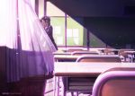  2girls artist_name black_hair bow bulletin_board chair chalkboard classroom closed_eyes commentary_request curtains day desk foot_dangle hair_bow hiyori_mizuki indoors kiss loafers long_sleeves love_live! love_live!_school_idol_project multiple_girls nishikino_maki on_desk petals pink_bow redhead school_chair school_desk shoes sitting sitting_on_desk skirt speaker standing twintails yazawa_nico yuri 