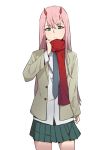  1girl blazer cowboy_shot darling_in_the_franxx dress_shirt eyebrows_visible_through_hair green_eyes grey_blazer grey_neckwear hair_between_eyes horns jacket long_hair looking_at_viewer miniskirt necktie open_blazer open_clothes open_jacket pink_hair pleated_skirt red_scarf scarf school_uniform shirt simple_background skirt solo standing very_long_hair white_background white_shirt zero_two_(darling_in_the_franxx) 