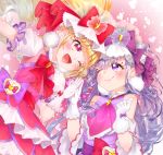  2girls ;d aisaki_emiru blonde_hair blush bow closed_mouth cure_amour cure_macherie dress eye_contact gloves heart heart_background highres hugtto!_precure layered_dress long_hair looking_at_another magical_girl multiple_girls one_eye_closed open_mouth pink_background pom_pom_(clothes) precure purple_hair red_bow red_eyes ruru_amour smile upper_body violet_eyes white_gloves yupiteru 