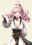  1girl absurdres belt black_gloves braid breasts cleavage fingerless_gloves fire_emblem fire_emblem:_kakusei fire_emblem_heroes gloves highres long_hair long_sleeves medium_breasts multiple_belts olivia_(fire_emblem) open_mouth pink_eyes pink_hair ponytail simple_background sketchy solo standing twin_braids twitter_username 
