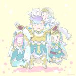 1boy 3girls armor belt blonde_hair blue_dress blue_hair brother_and_sister cape closed_mouth crown dress feh_(fire_emblem_heroes) fire_emblem fire_emblem_heroes fjorm_(fire_emblem_heroes) gloves gunnthra_(fire_emblem) hair_ornament hanging_on_arm hrid_(fire_emblem_heroes) long_dress long_hair long_sleeves multicolored_hair multiple_girls open_mouth pink_hair qumaoto short_hair siblings simple_background sisters smile standing twitter_username veil white_gloves white_hair yellow_background ylgr_(fire_emblem_heroes) 