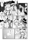  2girls bolo_tie bow comic dress_shirt fedora fujiwara_no_mokou glasses greyscale hair_bow hat highres long_hair long_sleeves low_twintails monochrome multiple_girls nobori_ranzu pants plaid plaid_skirt plaid_vest ponytail school_uniform shirt short_hair skirt suspenders touhou translation_request twintails usami_sumireko very_long_hair vest 