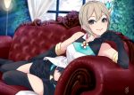  1girl brown_eyes couch earrings elbow_gloves gloves hair_ornament highres idolmaster idolmaster_cinderella_girls jewelry midriff mistrail navel shiomi_shuuko short_hair shorts silver_hair sleeveless smile solo thigh-highs zettai_ryouiki 