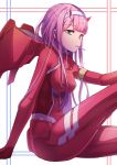  1girl absurdres bangs blunt_bangs bodysuit breasts candy darling_in_the_franxx eyebrows_visible_through_hair food from_side green_eyes hairband highres horns invisible_chair kamonegi_(meisou1998) lollipop long_hair looking_at_viewer medium_breasts pilot_suit pink_hair red_bodysuit sitting solo white_hairband zero_two_(darling_in_the_franxx) 