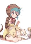  2girls :3 animal_ears back_bow bare_legs belt blue_hair blush bow bowtie buchi_(y0u0ri_) cat_ears closed_eyes commentary_request elbow_gloves eyebrows_visible_through_hair flying_sweatdrops gloves high-waist_skirt highres hood hoodie kemono_friends lap_pillow long_sleeves multicolored_hair multiple_girls neck_ribbon no_shoes ribbon sand_cat_(kemono_friends) seiza short_hair sitting skirt sleeveless snake_tail tail tsuchinoko_(kemono_friends) 