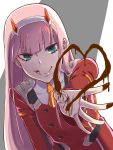  1girl :q blue_eyes chocolate darling_in_the_franxx hairband heart horn long_hair looking_at_viewer outstretched_arms pink_hair smile solo tongue tongue_out upper_body very_long_hair white_hairband zero_two_(darling_in_the_franxx) 