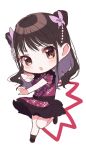  &gt;:o 1girl brown_eyes brown_footwear brown_hair chibi china_dress chinese_clothes copyright_request dress full_body looking_at_viewer misumi_(macaroni) red_dress standing standing_on_one_leg white_background 