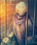  1boy cape e_f_regan826 gloves looking_at_viewer male_focus octopath_traveler scarf short_hair simple_background solo therion_(octopath_traveler) white_hair 