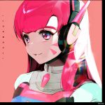  1girl alternate_hair_color bangs close-up d.va_(overwatch) face facial_mark headphones heco_(mama) long_hair overwatch pilot_suit pink_background pink_eyes pink_hair shoulder_pads smile solo swept_bangs whisker_markings 