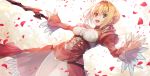  1girl :d aestus_estus ahoge blonde_hair breasts cleavage epaulettes fate/extra fate_(series) green_eyes highres holding holding_sword holding_weapon k-me long_sleeves looking_at_viewer medium_breasts nero_claudius_(fate) nero_claudius_(fate)_(all) open_mouth outstretched_arm petals smile solo sword weapon 