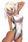  1girl breasts competition_swimsuit covered_navel cowboy_shot dark_skin guilty_gear guilty_gear_xrd highleg highleg_swimsuit highres long_hair looking_at_viewer medium_breasts one-piece_swimsuit ramlethal_valentine simple_background solo swimsuit takanashi-a thigh_strap wet white_background white_hair white_swimsuit 