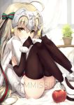  1girl ahoge apple bell black_gloves black_legwear blonde_hair capelet commentary commission elbow_gloves fate/grand_order fate_(series) food fruit fur-trimmed_capelet fur_trim gloves hair_ribbon headpiece jeanne_d&#039;arc_(fate)_(all) jeanne_d&#039;arc_alter_santa_lily long_hair looking_at_viewer nakatokung pillow plant potted_plant ribbon sample sitting solo striped striped_ribbon thigh-highs white_capelet yellow_eyes 